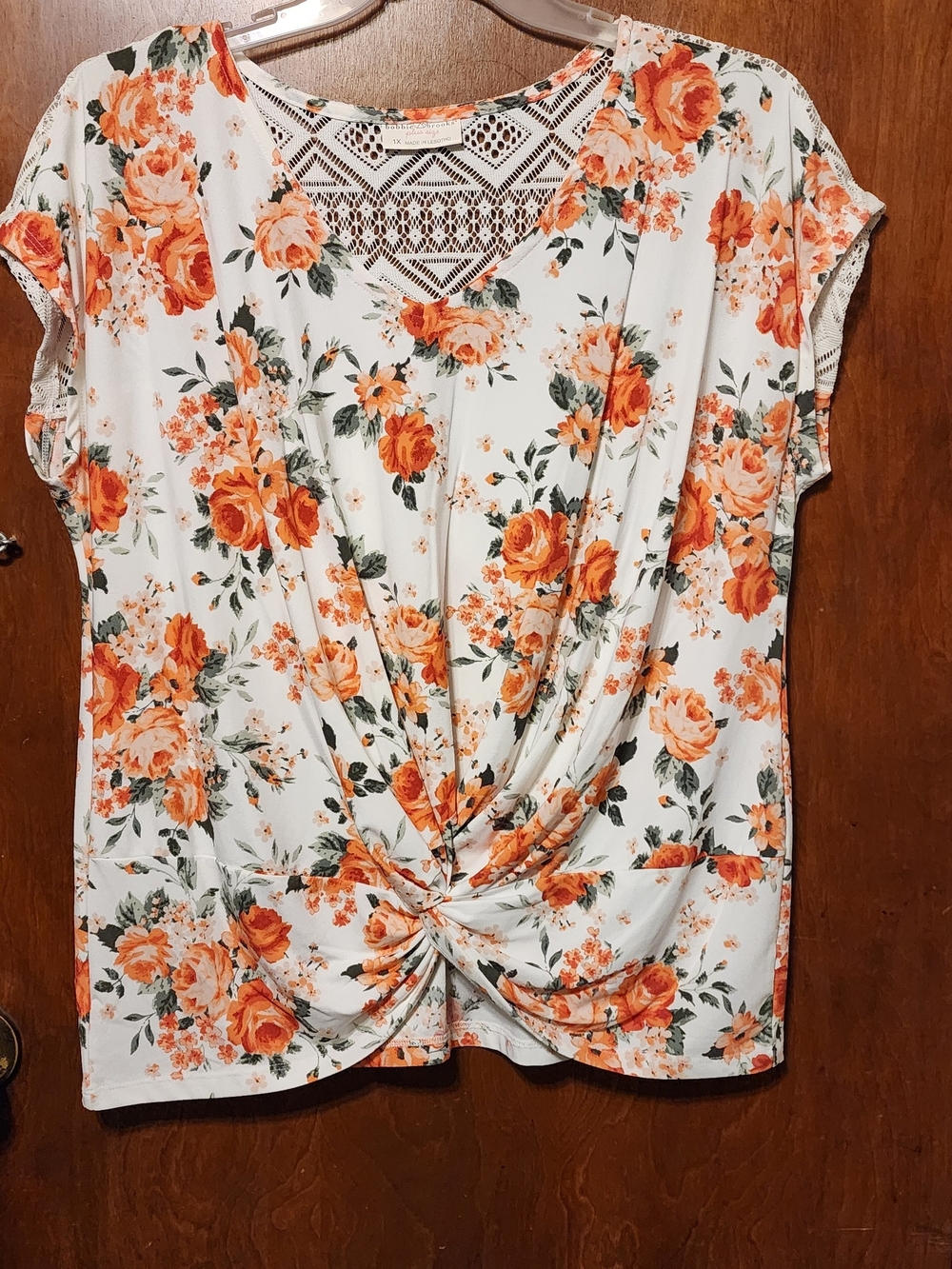 Bobbie Brooks Orange Floral Twist-Front Blouse on Cream